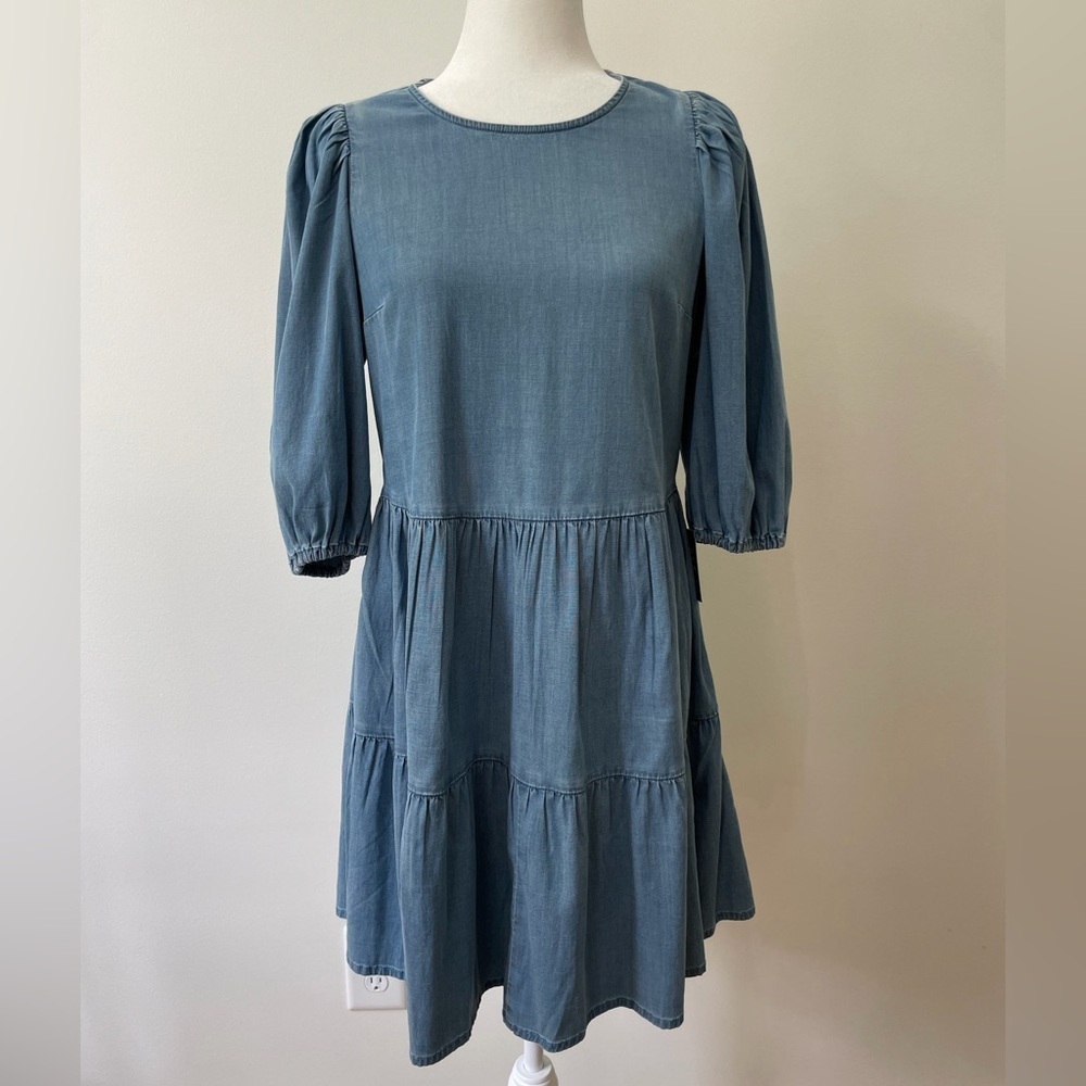 Express Tiered Puff Sleeve Chambray Dress Size Small NWT